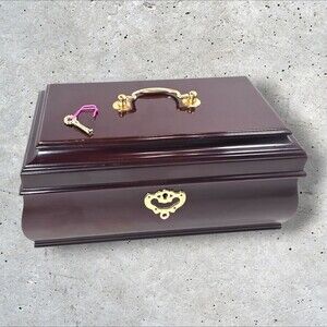 Vintage Bombay Company Mahogany Jewelry Box Red Velvet Lined w/ 1 Key Large